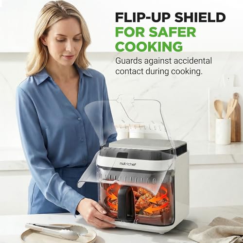 NutriChef White 5.8 Quart Glass Air Fryer with 8-In-1 Digital Presets, Compact Stainless Steel Design