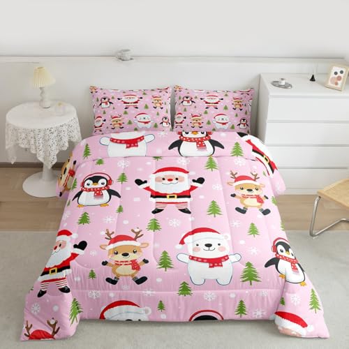 Feelyou Santa Claus Christmas Comforter Set Twin 2 Pcs - Pink/Red/White