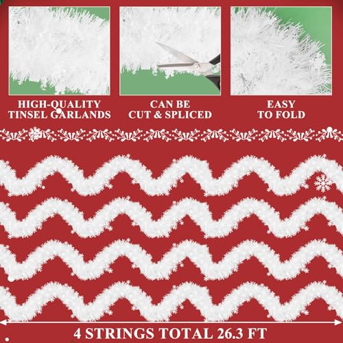 Kreyfer 4-Pack Snowflake Tinsel Garlands 26.4ft, Metallic Holiday Decorations