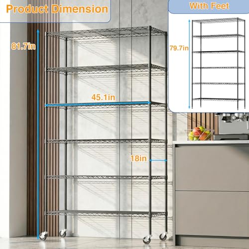 18x45x82-Inch 6-Tier Wire Shelving Unit with Locking Casters - Black