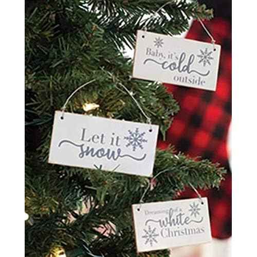 Set of 3 | White Wooden Ornaments | Let it Snow, Baby It's Cold Outside, Dreaming of a White Christmas | Farmhouse Country Decor Ornaments 3.5 x 1.75 inch