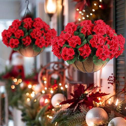 Artificial Geranium Flowers for Outdoors - Red, UV Resistant 12 Pcs Garden Decor