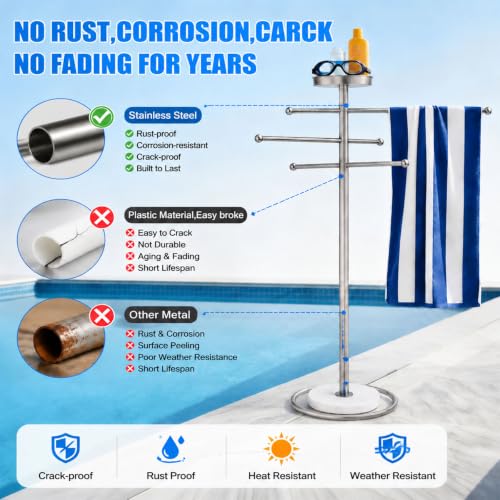 Outdoor 59 Inch Pool Towel Rack with Brushed Finish, Adjustable Arms & Marble Base