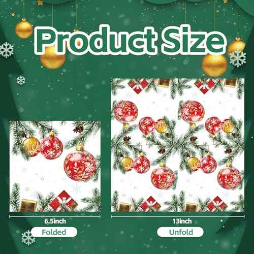 50PCS Christmas Paper Napkins - Disposable Xmas Balls Holiday Napkins Snowflake Holly Pine Cone Paper Napkins for Dinner Table Decor Party Supplies