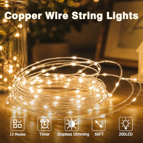 GAINMET 66FT 200 LED Fairy Lights with 13 Modes & Timer, Warm White