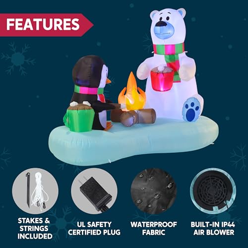 Joiedomi 6 ft Christmas Inflatable Polar Bear & Penguin with Campfire (Fire Bear) – Built-in LEDs, Lawn Decor