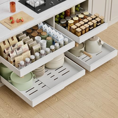 PAKETA 4 Pack Expandable Pull Out Cabinet Organizer 21" Deep, White, Adjustable Width 12-20"