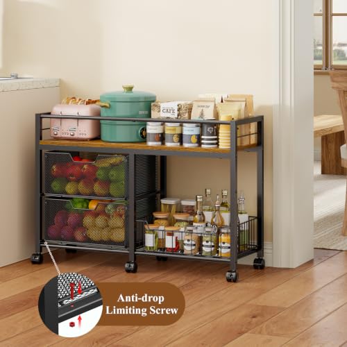 Laaoyuukee 3-Tier Rolling Snack Cart with Metal & Wooden Top for Pantry & Kitchen Storage