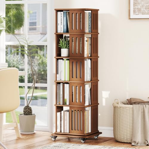 60-Inch Rotating Bookshelf Tower with 5 Tiers, Walnut Finish, Spinning Bookcase