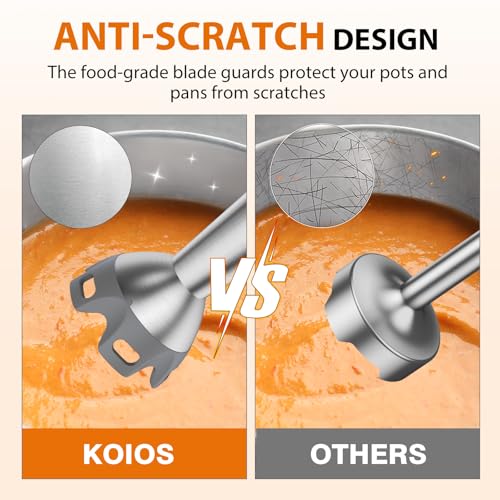 KOIOS 1000W Silver Hand Blender with 3-in-1 Attachments, 12 Speed Turbo & Milk Frother