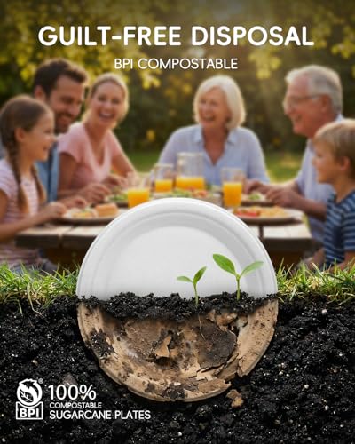 Heavy-Duty 9-Inch Compostable Sugarcane Plates - White, 500 Pack