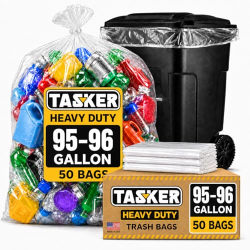 Tasker 50 Pack Heavy Duty 95-96 Gallon Clear Trash Bags with Ties - Extra Large Garbage Liners for Recycling, Yard Waste, and Heavy Duty Use