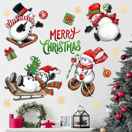 Mfault Merry Christmas Snowman Wall Decals Stickers, Xmas Tree Sleigh Peppermint Candy Decorations Bedroom Art, Snowflake New Year 2026 Party Home Kitchen Decor Winter Holiday Gift