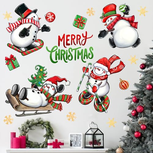 Mfault Christmas Snowman Wall Decals Set - Holiday Stickers for Xmas Decor, Includes Santa Sleigh & Tree