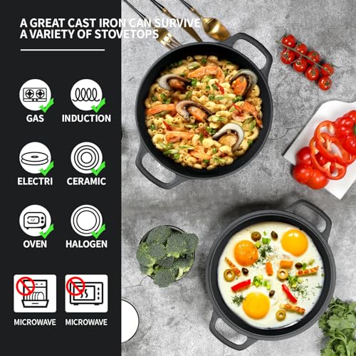 7QT Pre-Seasoned Cast Iron Dutch Oven with Skillet Lid - 2-in-1 Cooking Pot for Baking, Frying, Camping