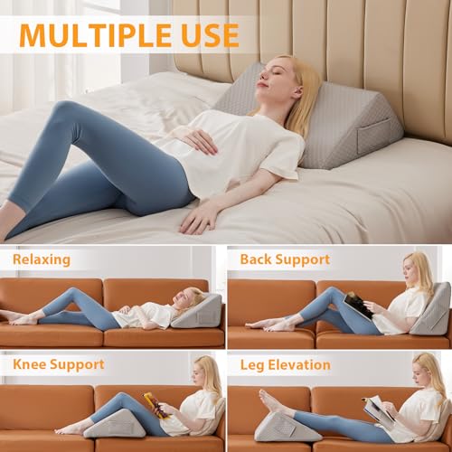 Grey Knee Wedge Pillow for Back & Leg Support - 8” Elevation & Pain Relief