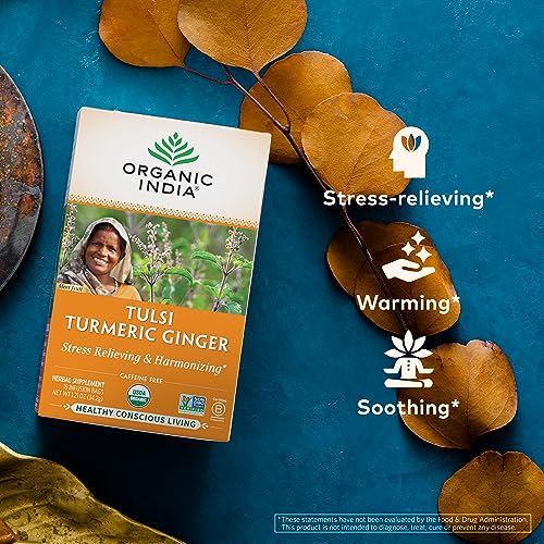 Organic India Tulsi Turmeric Ginger Herbal Tea 6 Pack (18 Bags Each) - Caffeine-Free Stress Relief