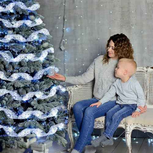 Ouddy Life 32ft Christmas Ribbon Fairy Lights, 100 LED Lights Silver Ribbon for Christmas Tree Wired Double Layer Mesh, Outdoor Indoor New Year Holiday Christmas Tree Decorations Wrapping Xmas Garland