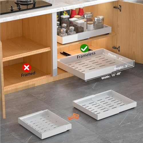 DEKAVA 4 Pack Pull Out Cabinet Organizer - Expandable, White, Fits 12-20" Wide, 21" Deep