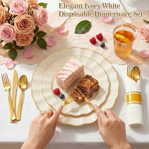 Ivory White Scalloped Plastic Dinnerware Set for 25 Guests - 175 pcs