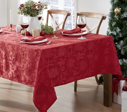 Newbridge Red Christmas Carol Damask Rectangular Tablecloth 120x60 Inch - Holiday Wrinkle-Free Fabric Cover