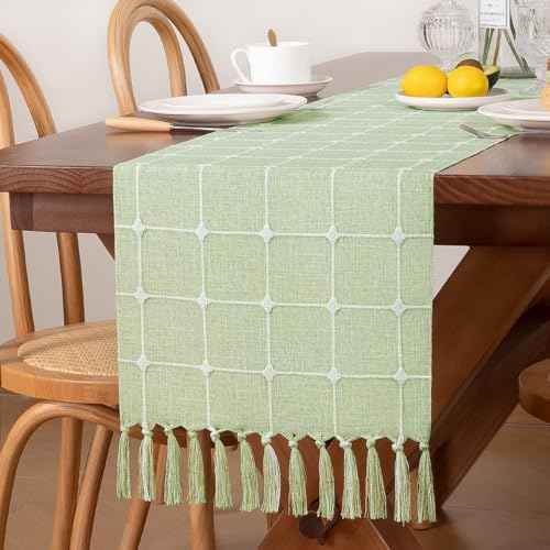 MLMC Sage Green Embroidered Lattice Fall Table Runner 48 Inches Plaid Rustic Checkered Table Runner with Tassels Farmhouse Table Decor 13"x 48" for Thanksgiving Christmas Dinning Table Bedroom Decor