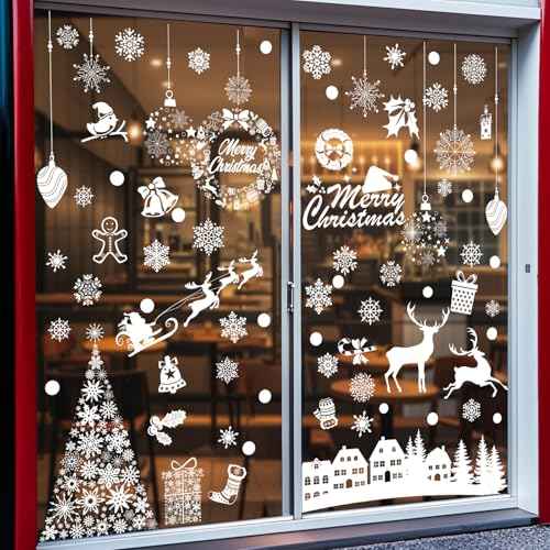 Christmas Window Stickers 146Pcs Christmas Window Clings - Double-Sided White House Tree Snowflake Decals Self Adhesive Windows Decoration for Xmas Holiday Winter Party 9 Sheets
