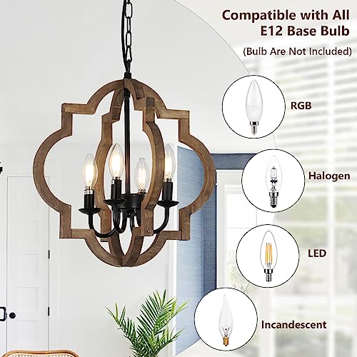 Brown Farmhouse Chandelier Light Fixture - 4-Light Rustic Wood Pendant for Dining Room & Kitchen