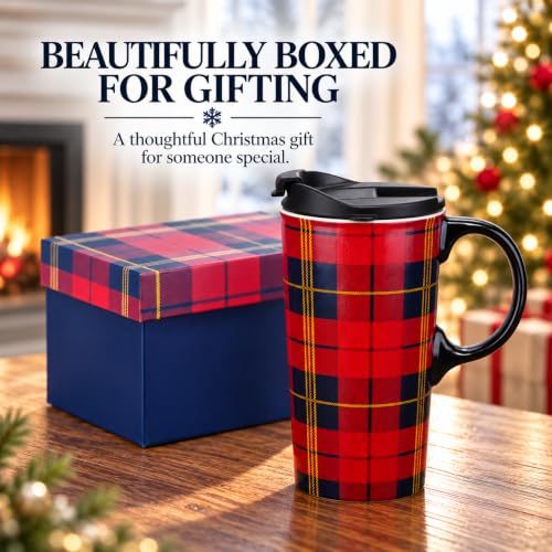 Topadorn 17oz Ceramic Travel Mug with Red Tartan Plaid Lid - Gift Box