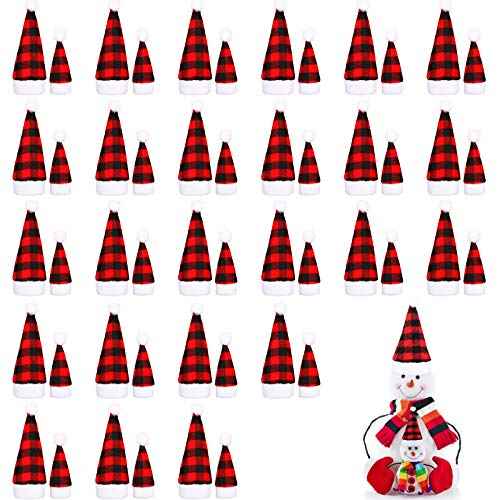 Skylety 50 Pieces Mini Christmas Hat, 2 Sizes Mini Buffalo Plaid Santa Hats, Christmas Doll Crafts Hat for Christmas Tree Ornaments Cup Bottles Cover DIY Craft Art Decoration