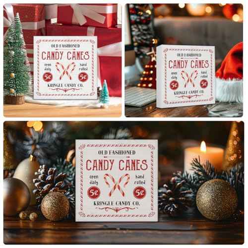Farmhouse Christmas Decorations, Candy Canes Decor Sign, Christmas Wood Sign Winter Holiday Home Table Desk Decor (5 x 5 Inches)
