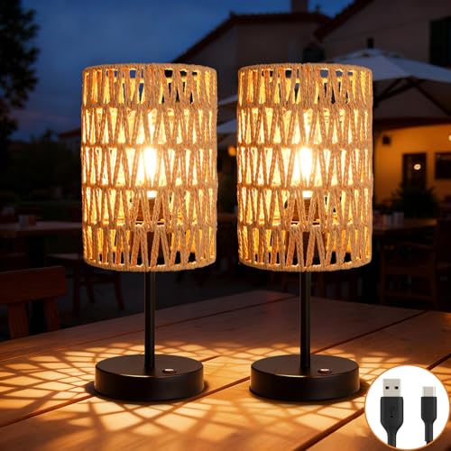 Rechargeable Outdoor Rattan Table Lamps Set of 2 - Beige Boho Cordless Patio & Indoor Lighting