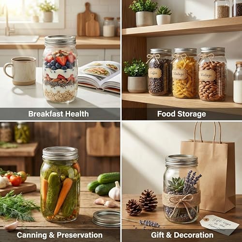 12 Pack Wide Mouth Mason Jars with Airtight Split Lids - 32 oz & Decorative Accessories