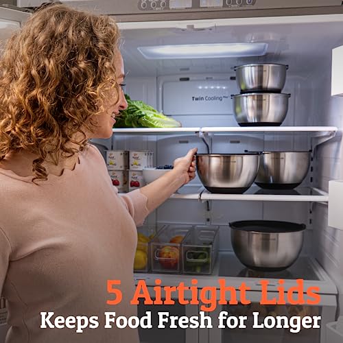 Mixing Bowls Set with Airtight Lids - Blue, Thicker Stainless Steel, 1.5-5 Qt, Non-Slip Base