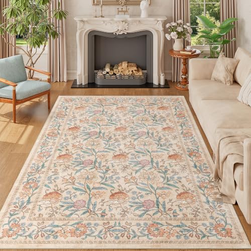 Beige Vintage Floral Washable Area Rug 5x7 for Living Room & Bedroom