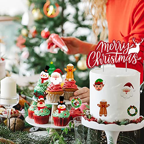 73pcs Christmas Cupcake Toppers Picks Set for Christmas Tree Snowman Santa Claus gingerbread Man Reindeer Elf Theme Holiday Xmas Party Appetizers Cake Decorations Supplies