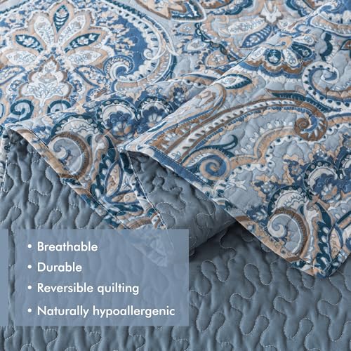 Paisley Blue-Gray Cotton Queen Size Quilt Set - Reversible Bedspread for All Seasons