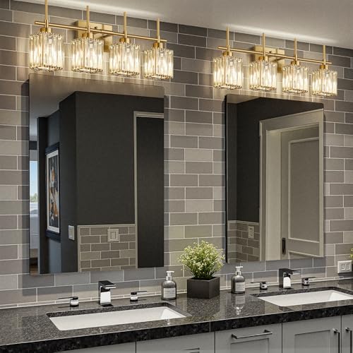 Brushed Gold Bathroom Vanity Light 4-Lights Crystal Square Shade Over Mirror