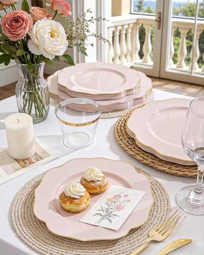Pink and Gold Disposable Plastic Plates Set - 180 Pieces, Dinner & Dessert Includes Cutlery & Cups - Pink Gold