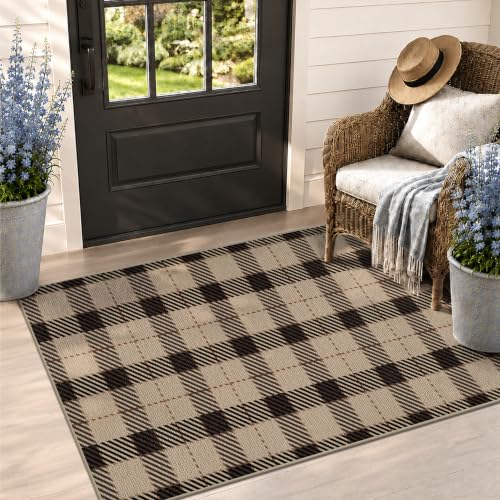 Beige Plaid Outdoor Rug 3x5 for Front Porch, Washable Non Slip Entryway, Farmhouse Style
