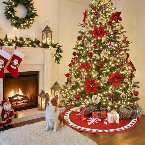 MACTING Christmas Tree Skirt, 30 Inch Round Red Polyester Christmas Tree Skirts with Big Snowflake and Christmas Tree Printed for Holiday Party Rustic Xmas Tree Decoration