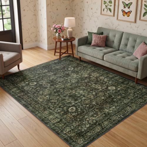 Morebes Dark Green 5x7 Washable Area Rug - Vintage Boho Non-Slip Non-Shedding