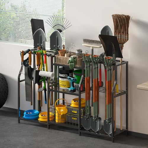 XXL Garden Tool Organizer Rack - Heavy Duty 3-Tier Yard Storage Tower with Hooks