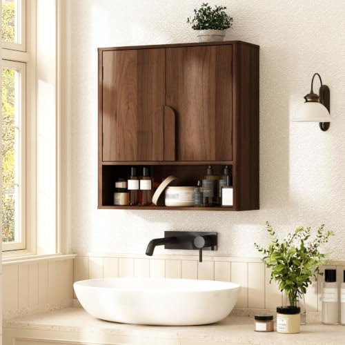 Rustown Wall Mounted Bathroom Cabinet - Dark Walnut with Rounded Edges & Curved Handles