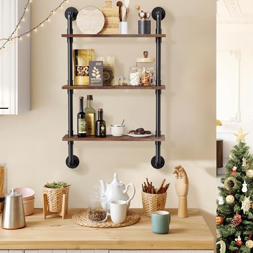 Merapi 3-Tier Rustic Industrial Wall Shelves - Floating Pipe Shelves