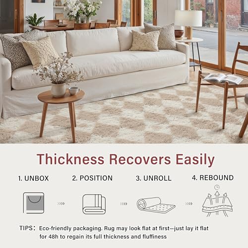 Boho Beige 8x10 Area Rug for Living Room - Soft Checkered Shag Carpet