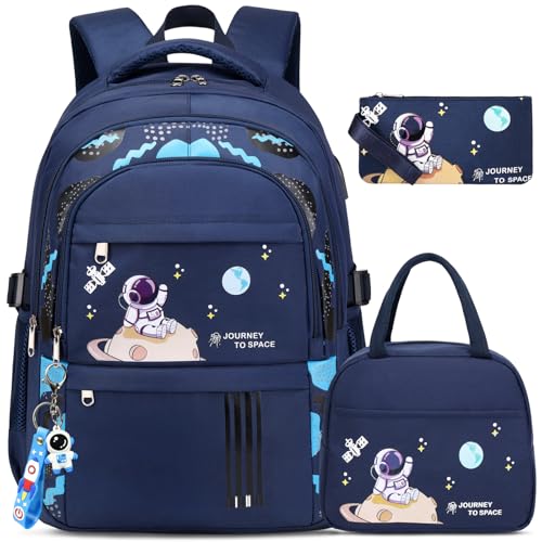 ACESAK Astronaut Backpack Set for Boys with Lunch Bag, 3-Piece Blue School Backpack