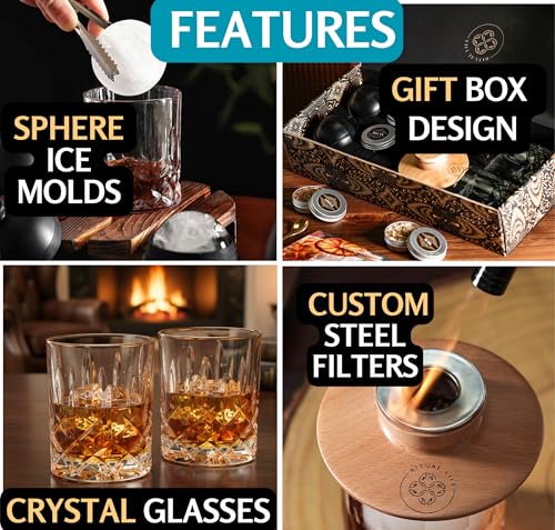 Ritual Life Whiskey Smoker Kit with Glasses & Torch - Includes Flavored Wood Chips & Ice Ball Makers - Perfect Bourbon Drink Set - Variation: Smoker Kit with Glasses