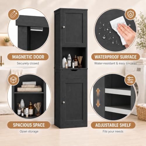 Tall Bathroom Storage Cabinet with 6 Adjustable Shelves - Black, 1 Drawer - Walsunny