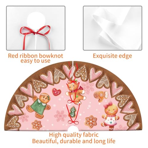 Candy Gingerbread Man Christmas Tree Skirt - Plush Polyester Mat Resistant with 3 Red Ties for Xmas, Halloween Decorations, Party Decor 30"